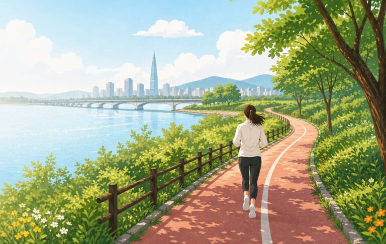 한강을 끼고 달리는 여성의 뒷모습